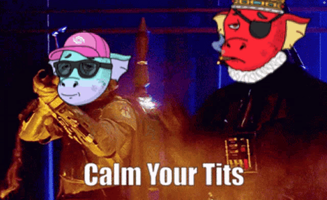 a cartoon of a man holding a gun with the words calm your tits on the bottom