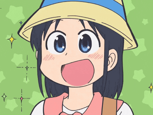 a cartoon of a girl wearing a hat with a blue stripe