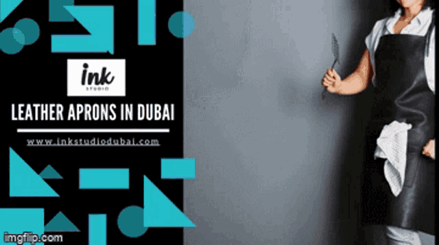 an ad for leather aprons in dubai with a woman holding a fork