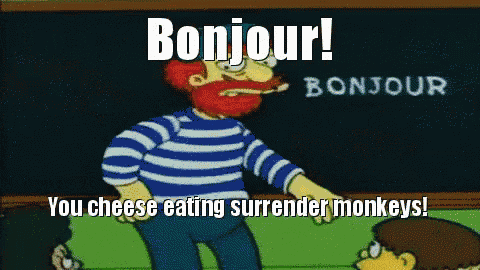 a cartoon character says bonjour while standing in front of a chalkboard