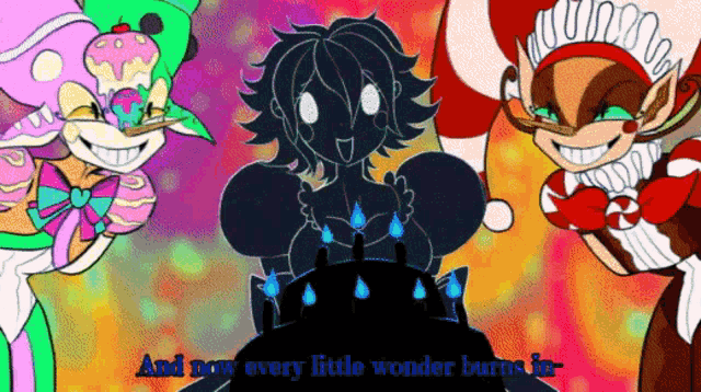 three cartoon characters are standing around a cake with the words " and now every little wonder burns in " on the bottom