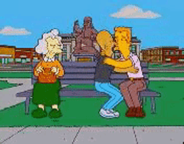 a cartoon of homer simpson hugging a woman while sitting on a park bench