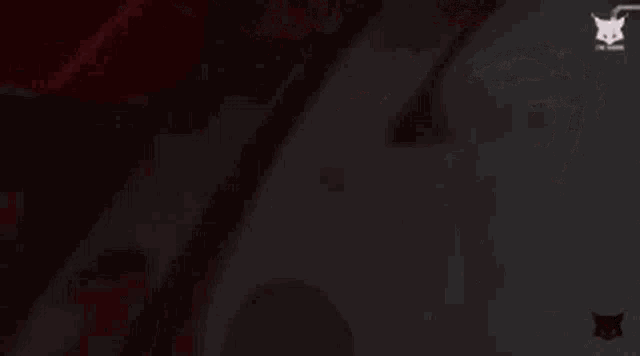 a close up of a person 's face with a red background and a shadow of a cat .