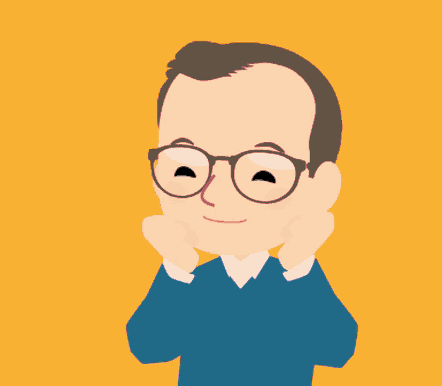 a cartoon drawing of a man wearing glasses with hearts surrounding him