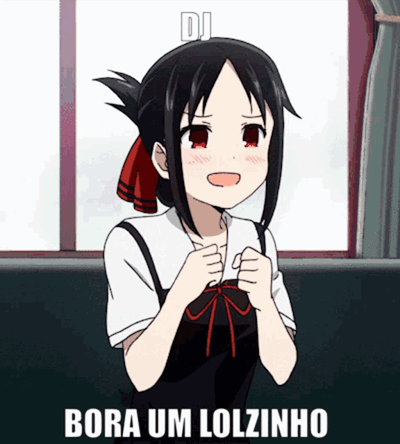 a girl with red eyes and the words bora um lolzinho
