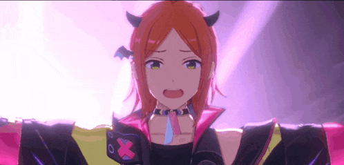 a girl with horns on her head is wearing a choker and a jacket with an x on it