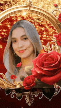 a woman is in a gold frame with red roses