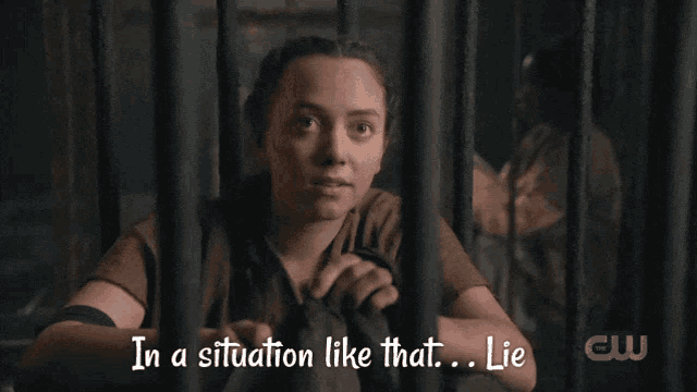 a woman in a jail cell with the words in a situation like that lie below her