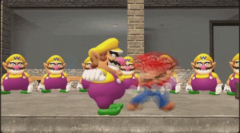 a bunch of wario 's are standing in a room