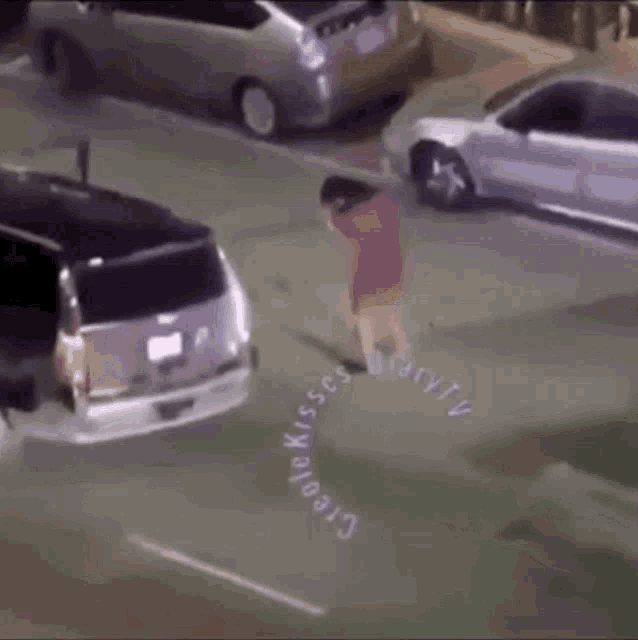 a person is standing in a parking lot next to a car and a van .