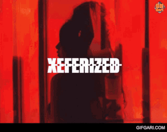 a woman is standing in front of a red background that says xeferiized