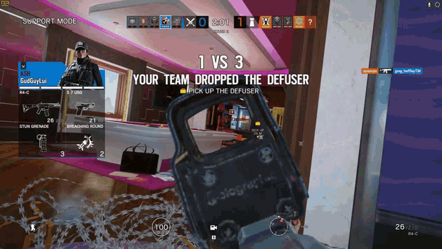 a screenshot of a video game that says 1 vs 3 your team dropped the defuser