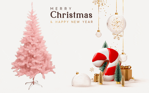a pink christmas tree and candy cane are on a merry christmas and happy new year greeting card