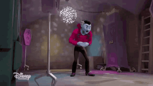 a cartoon character is dancing in a room with a disney logo in the corner .