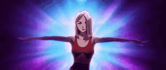 a woman with her arms outstretched is standing in front of a purple background .