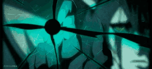 a close up of a person 's face in a broken glass window .