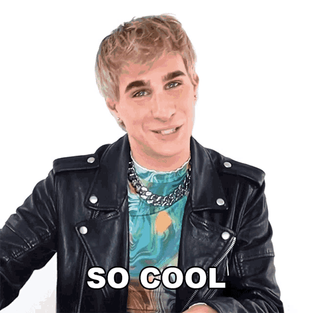 a young man wearing a leather jacket and a necklace says so cool