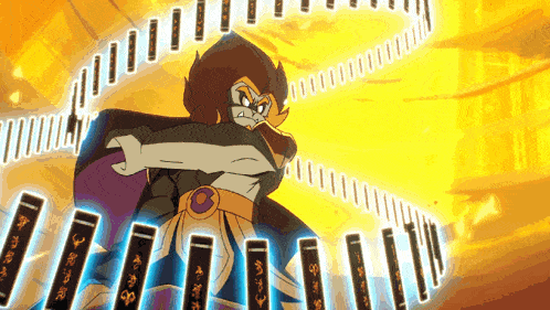 a cartoon character is surrounded by a row of books with chinese writing on them