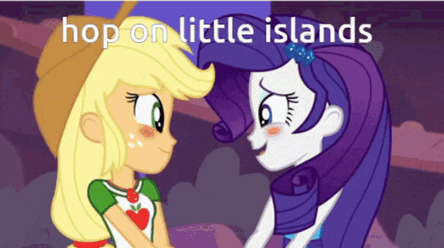a cartoon of applejack and rarity with the words hop on little islands below them