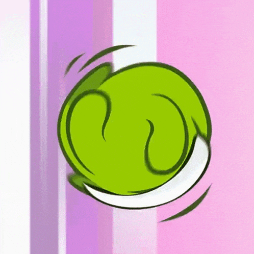 a green ball is spinning on a pink and white background