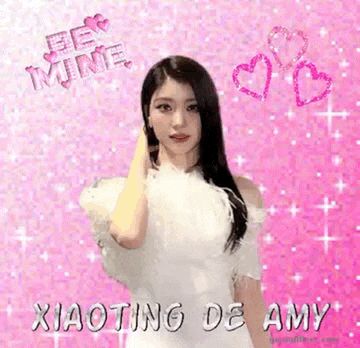 a girl in a white dress is standing in front of a pink background with hearts and stars .