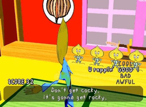 a video game with a score of 32 and a character saying " don t get cocky it 's gonna get rocky "