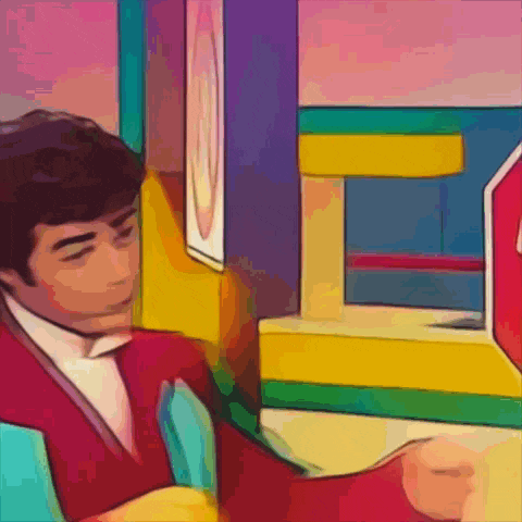 a man in a suit and tie is sitting in a colorful room with a stop sign in the background