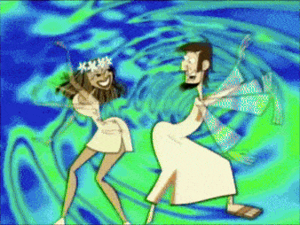 a cartoon of jesus and a woman are dancing together