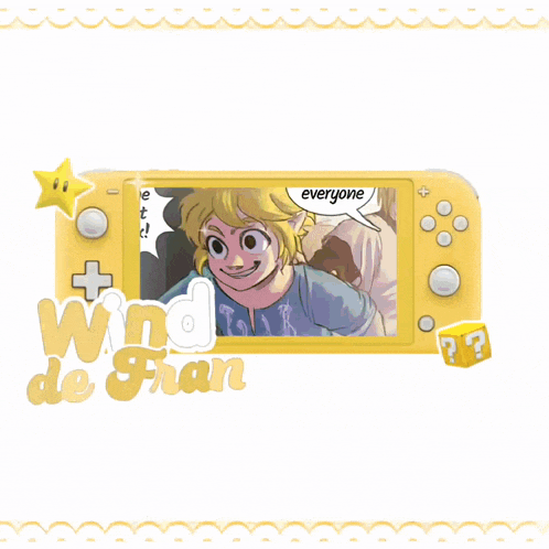 a yellow nintendo switch with a picture of link and the words wind de fran on the bottom