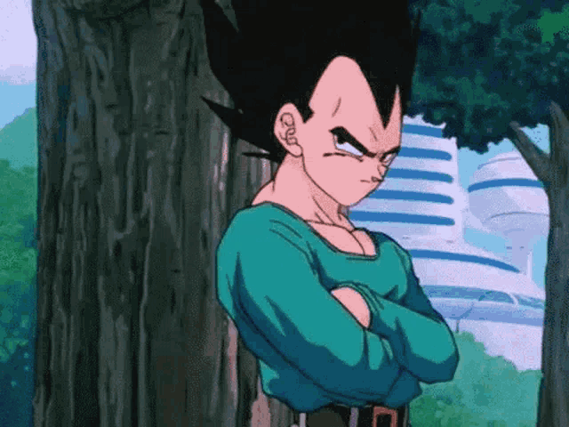 a young vegeta from dragon ball z is standing in front of a tree with his arms crossed .