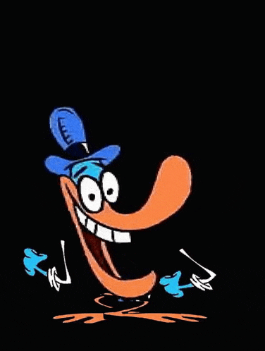 a cartoon duck is wearing a blue hat and has a big smile on his face .