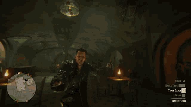 a man in a leather jacket is standing in a dark room in a video game that says " dance floor "