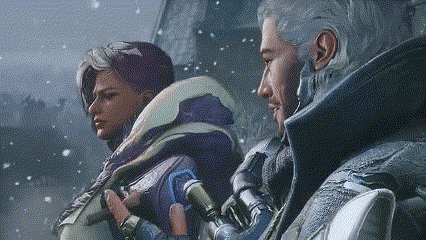 a man and a woman are standing next to each other in a snowy area .
