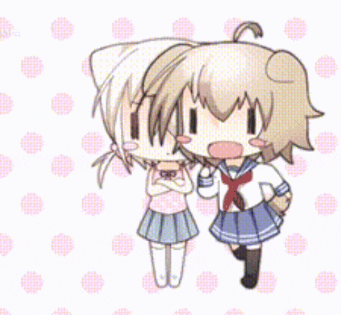 two anime girls are standing next to each other with their arms crossed