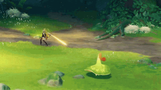 a video game character is holding a sword in a grassy area