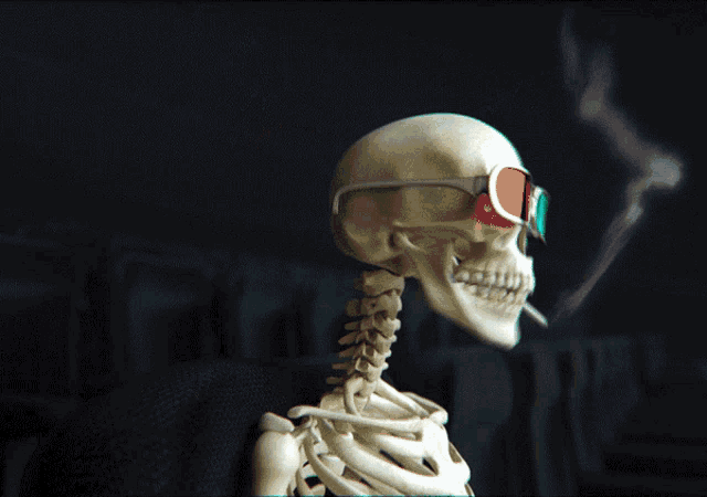 a skeleton wearing red and green glasses smoking a cigarette