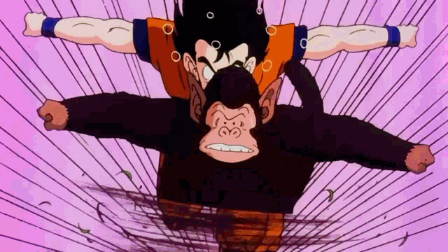 a monkey is riding on the back of a man in a dragon ball z cartoon .