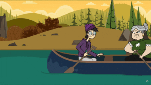 a cartoon of two people in a canoe in the water