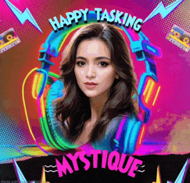 a poster with a woman and the words happy tasking mystique on it