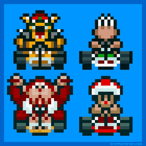 four pixel art characters on a blue background with brotherbrain.com in the bottom right corner
