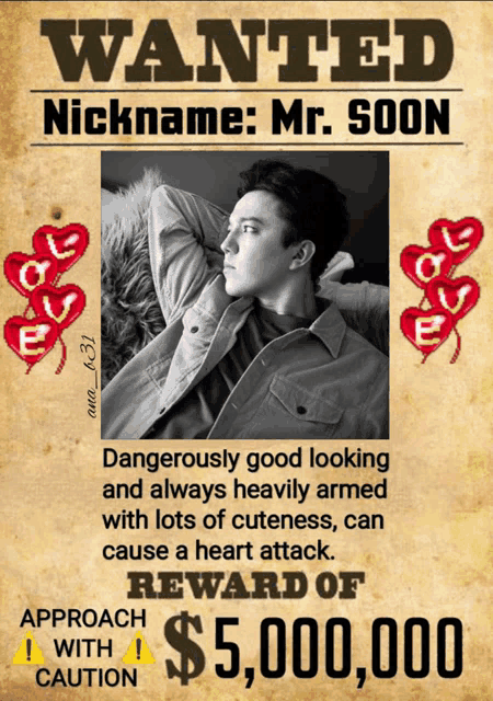 a wanted poster with a picture of a man and hearts on it