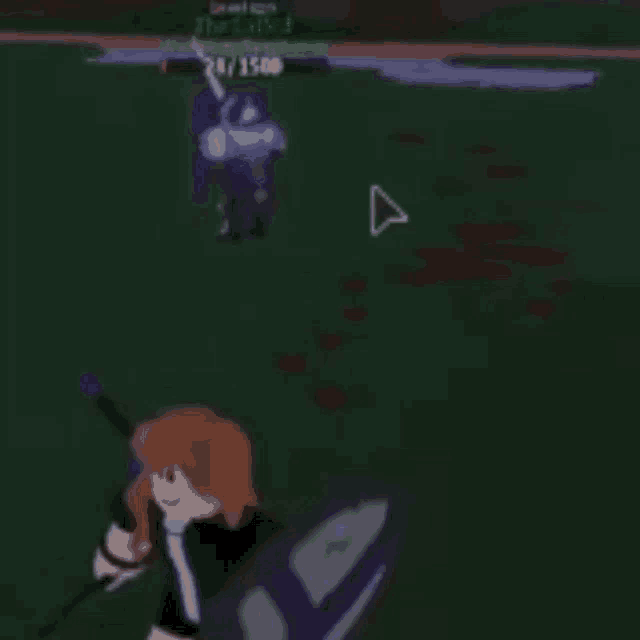 a girl is holding a sword and shield in a video game while a man is standing behind her .