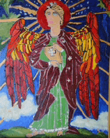 a painting of an angel with red and yellow wings holding a cross