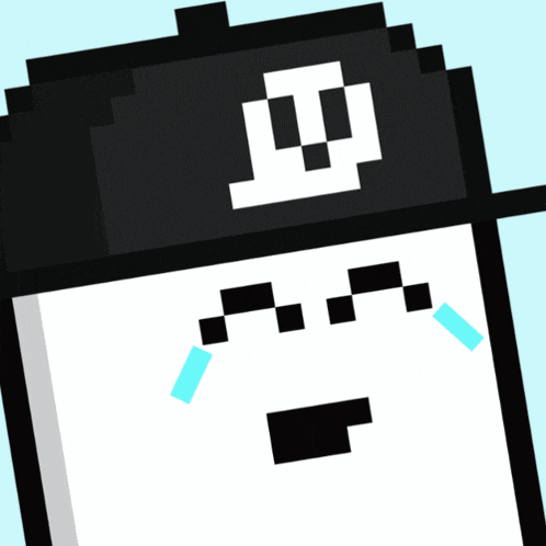 a pixel art drawing of a person with tears coming out of their eyes and a hat with the letter w on it
