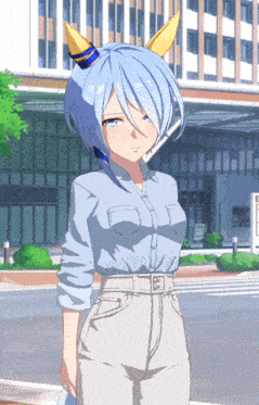 a girl with blue hair and yellow horns is standing in front of a large building