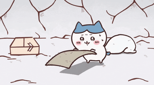 a cartoon drawing of a white cat laying on a blanket