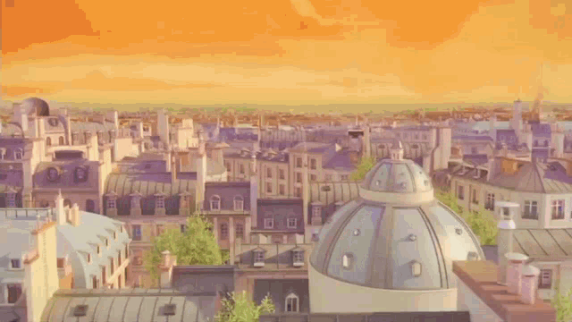 a butterfly is flying over a city at sunset