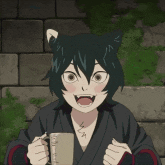 a cartoon character with a cat ear is holding a measuring cup