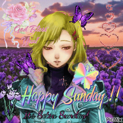 a picture of a girl with butterflies and the words happy sunday on it