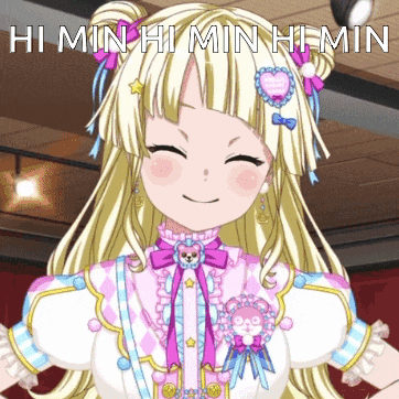 a picture of a girl with the words hi min hi min hi min written on it